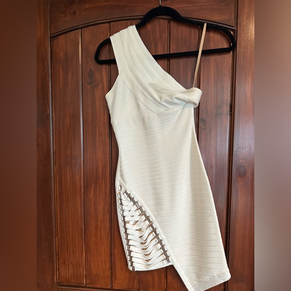 Herve Leger white one shoulder asymmetric dress